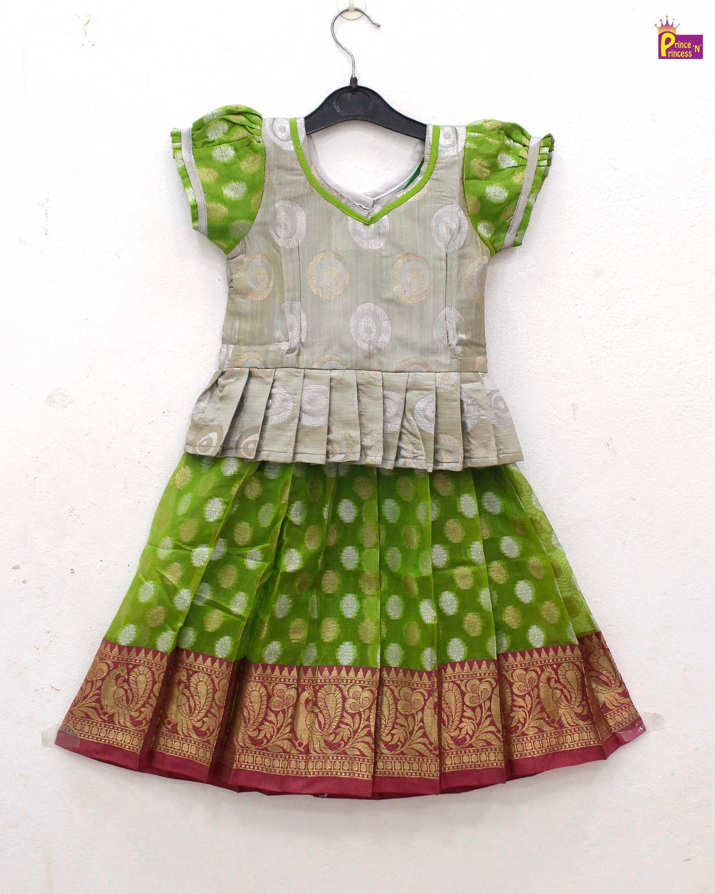 Kids Silver with green Traditional Pattu Pavadai PPP1081