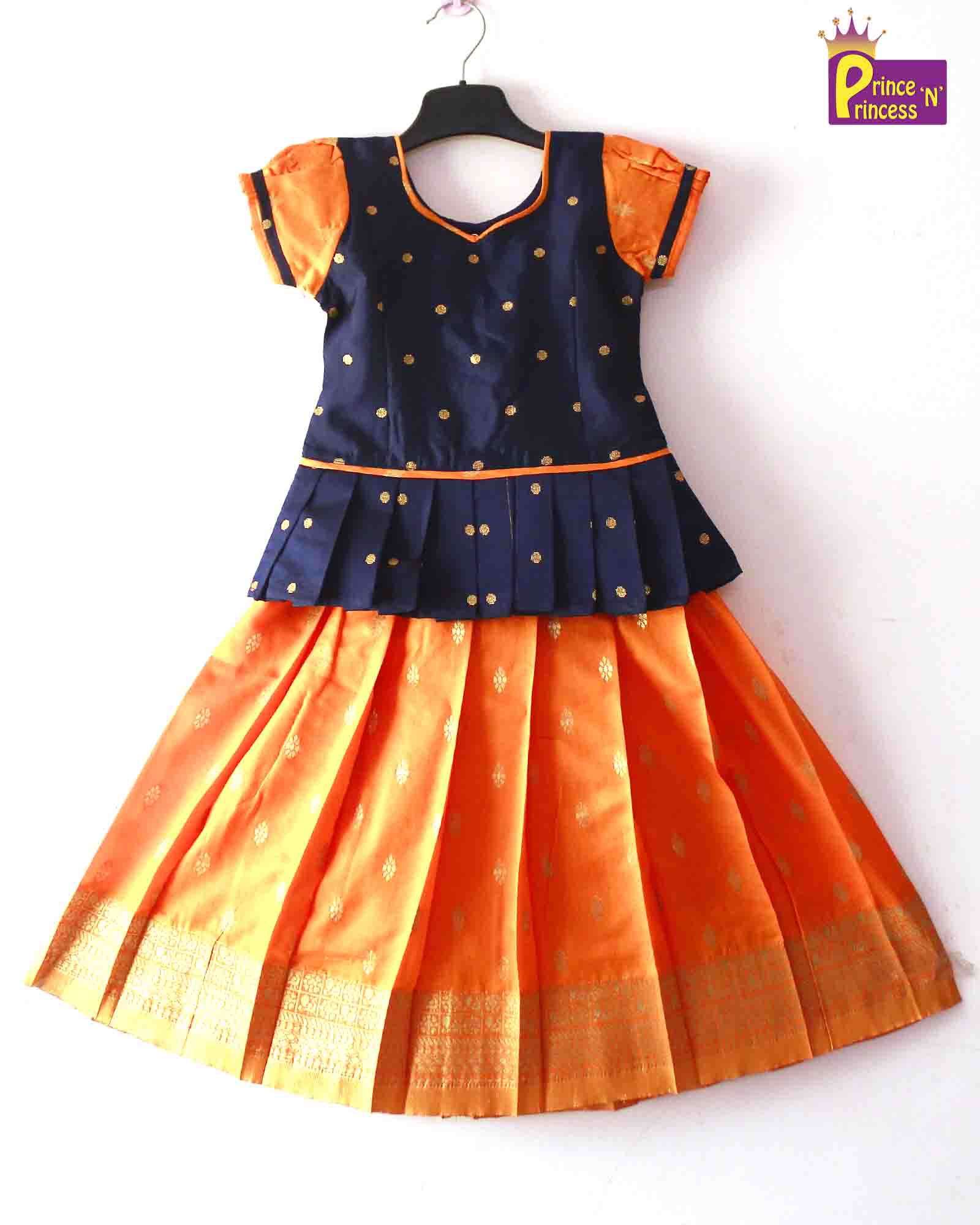 Kids Navy Blue Orange Traditional  Pattu Pavadai PPP1172