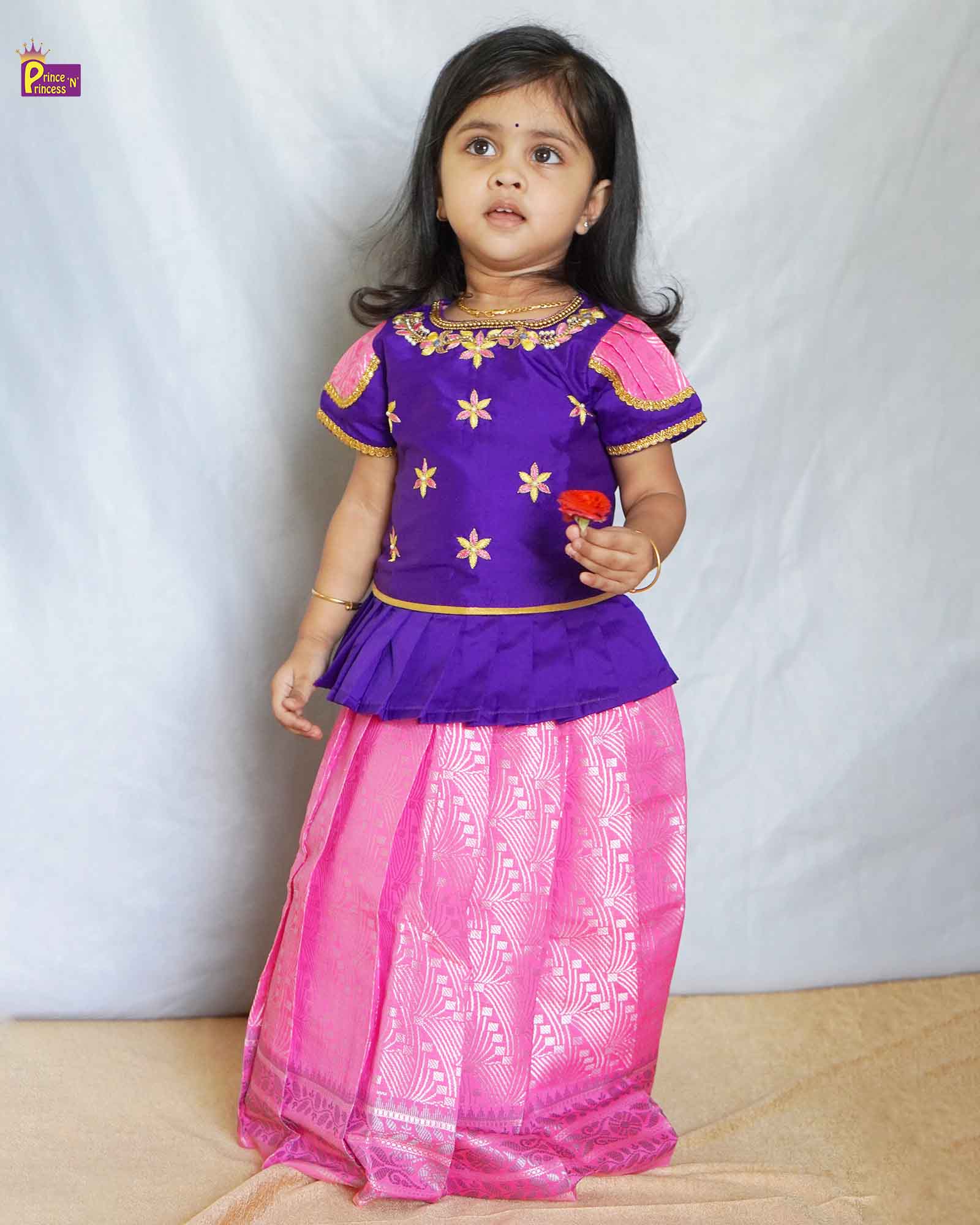 Kids Purple With Pink  Aari Work Traditional Pattu Pavadai PPP1173