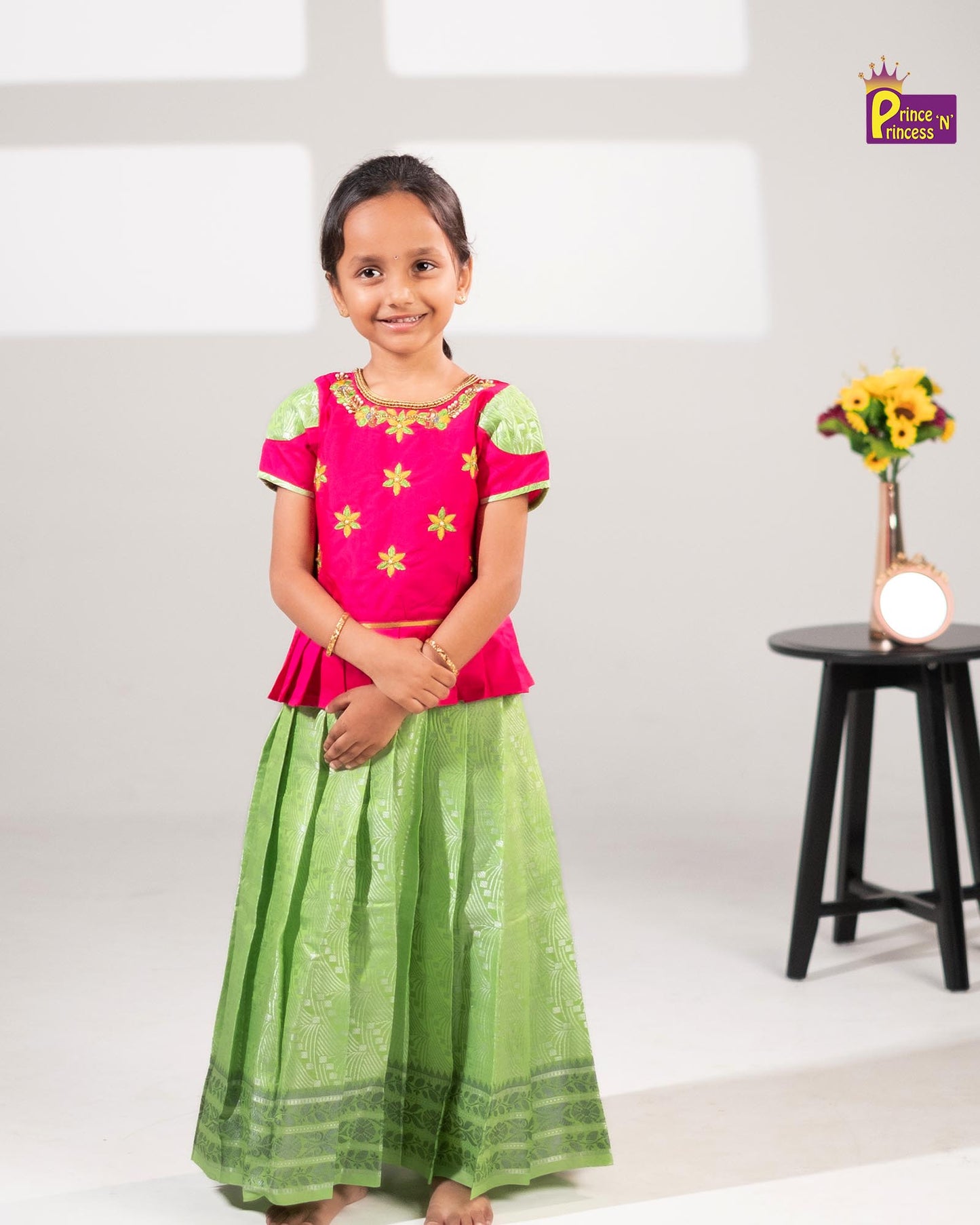 Kids Pink And Green Aari Work Traditional Pattu Pavadai  PPP1180