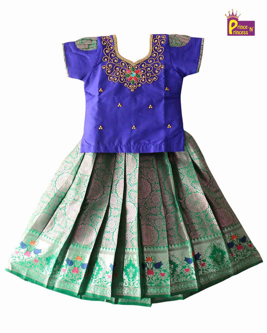 Kids Grand Green Blue Embroidery Aari Work Pink Zari Pattu Pavadai PPP1182