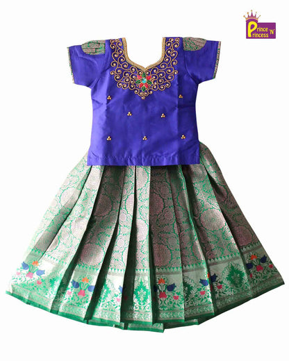 Kids Grand Blue and Green Embroidery Aari Work Pink Zari Pattu Pavadai PPP1182 Prince N Princess