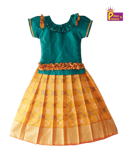 Kids Ramagreen And Yellow Traditional Pattu Pavadai PPP1194