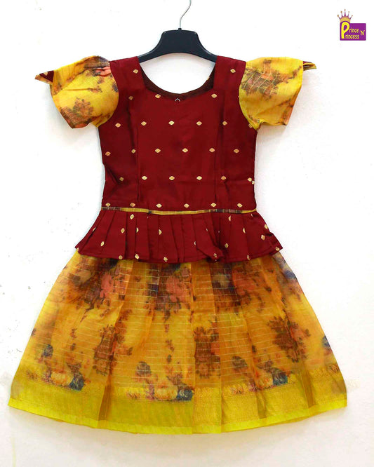 Kids Maroon And Yellow Organza Traditional Pavadai PPP1203