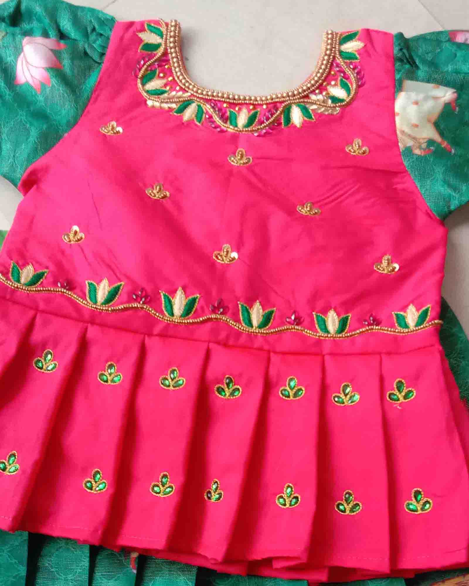 Pink And Green Traditional Aari Work Pattu Pavadai PPP1246