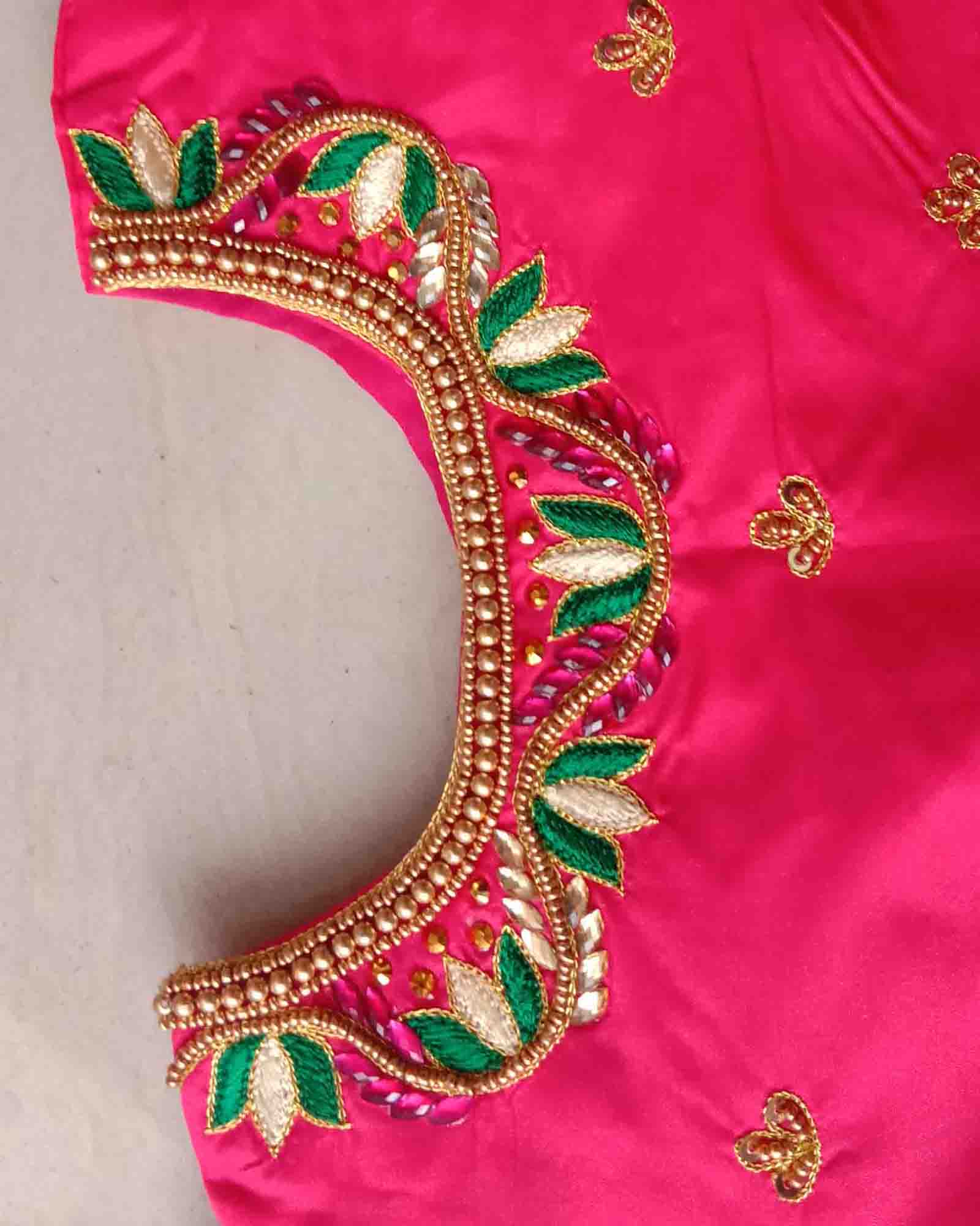 Pink And Green Traditional Aari Work Pattu Pavadai PPP1246