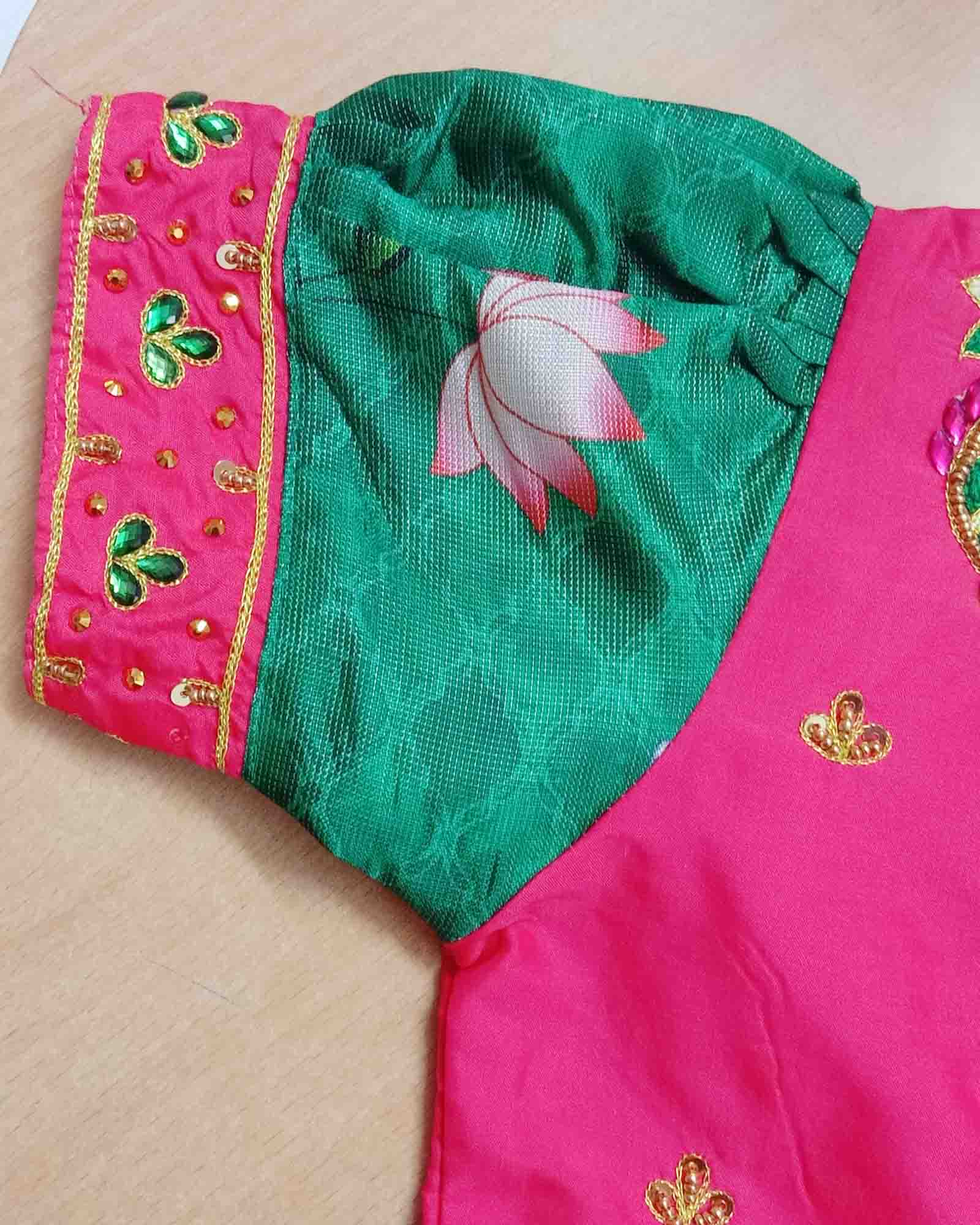 Pink And Green Traditional Aari Work Pattu Pavadai PPP1246