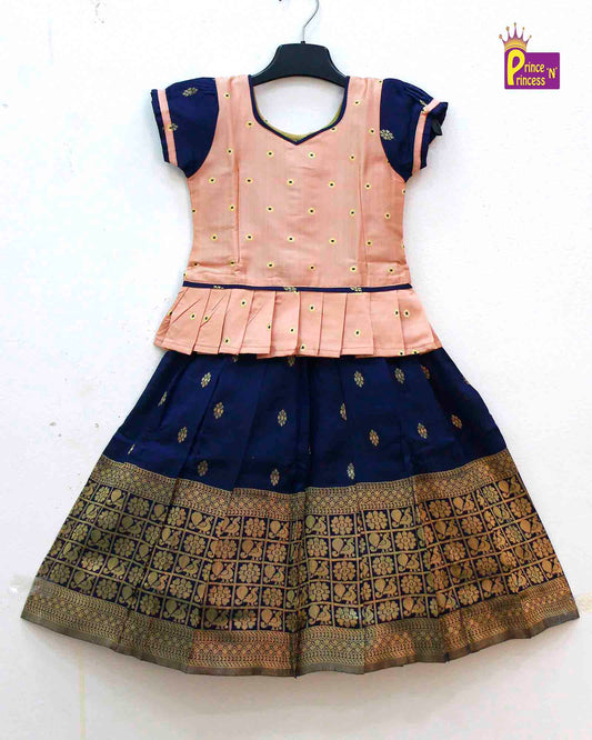 Kids Peach Navy blue Traditional  Pattu Pavadai PPP1247