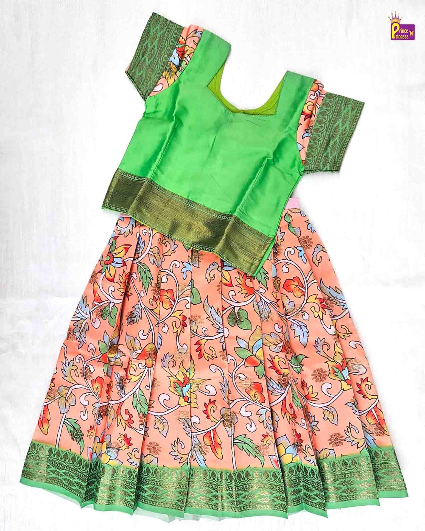 Kids Green Orange Traditional Pattu Pavadai PPP1262