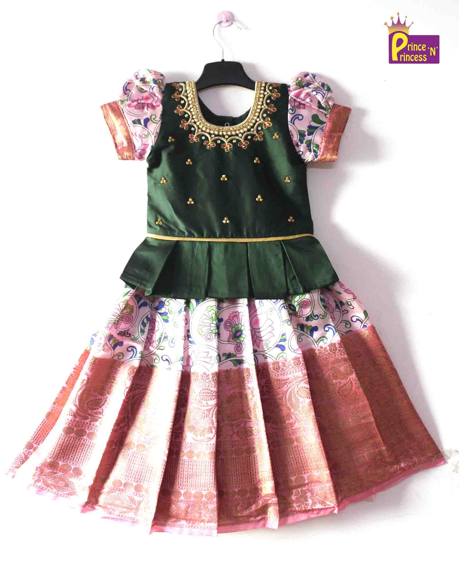 Prince N Princess Bottle Green Baby Pink AARI Work pattu Pavadai PPP1268 Prince N Princess