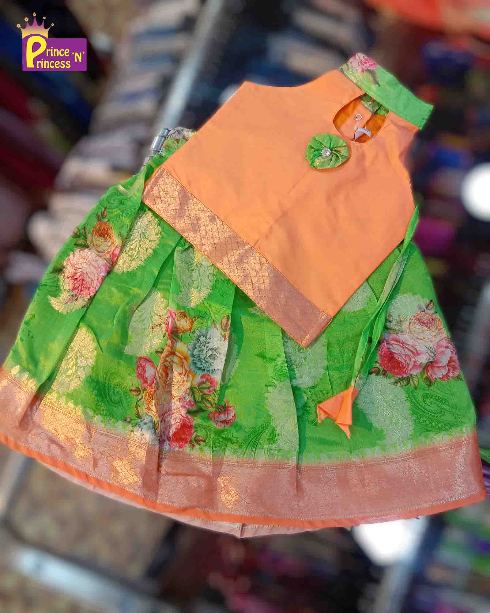Kids Peach Halter Neck with Green Banarasi Digital Print Pattu pavadai PPP1281 Prince N Princess