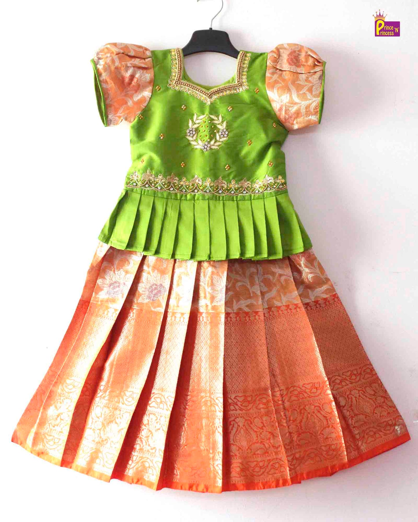Kids Green Orange With AARI Work Tissue Designer Pattu Pavadai PPP1284