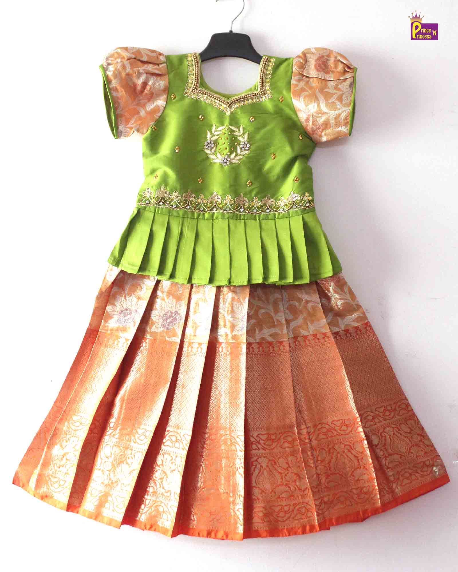 Kids Green Orange With AARI Work Tissue Designer Pattu Pavadai PPP1284 Prince N Princess