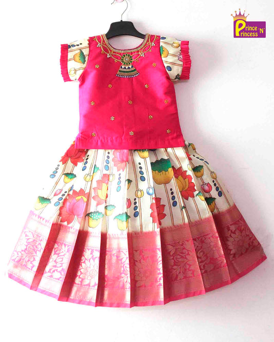 Kids Pink AARI Work Digital Print Banarasi Designer Pattu Pavadai PPP1291 Prince N Princess