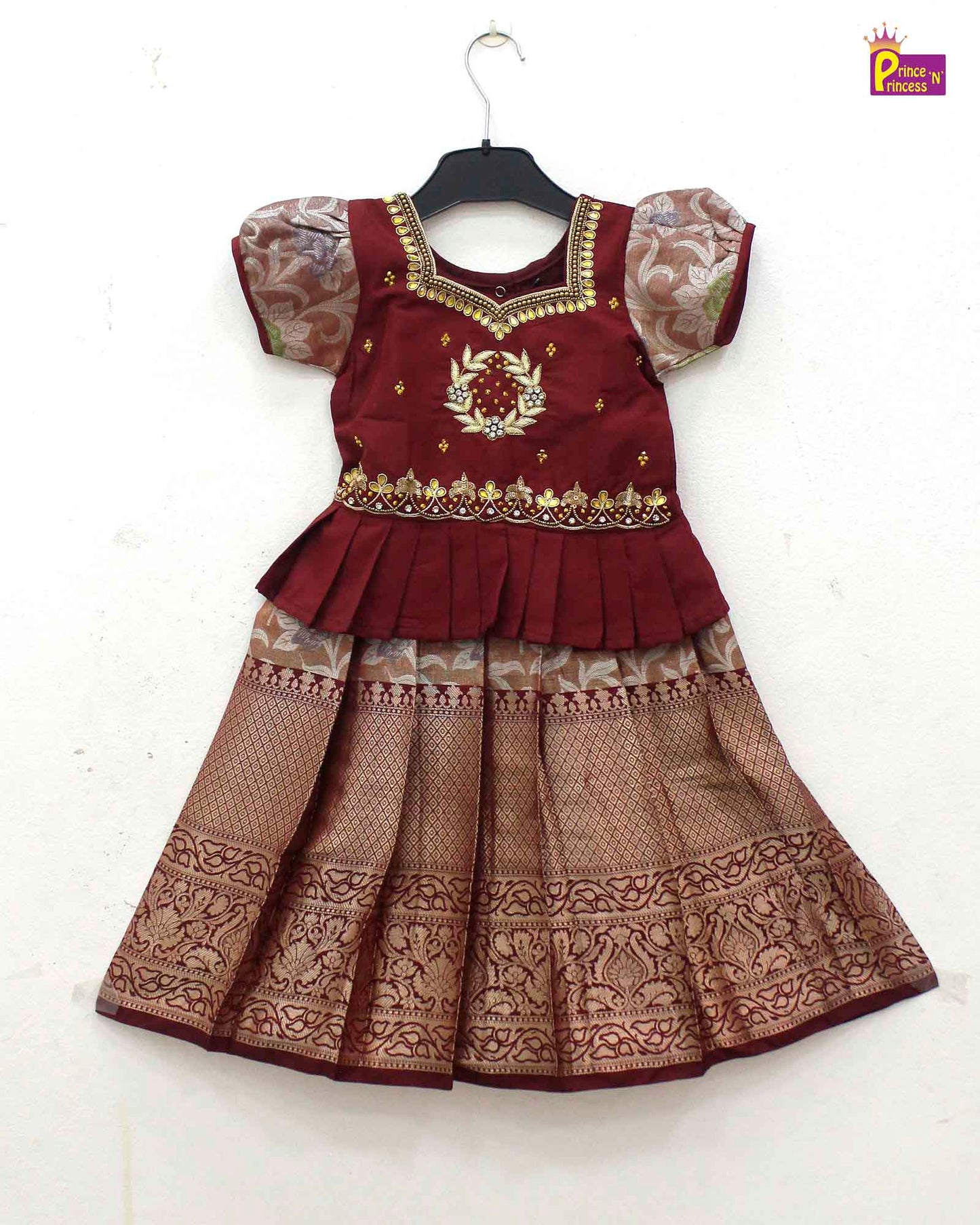 Kids Maroon Top With AARI Work Tissue Designer Pattu Pavadai PPP1307