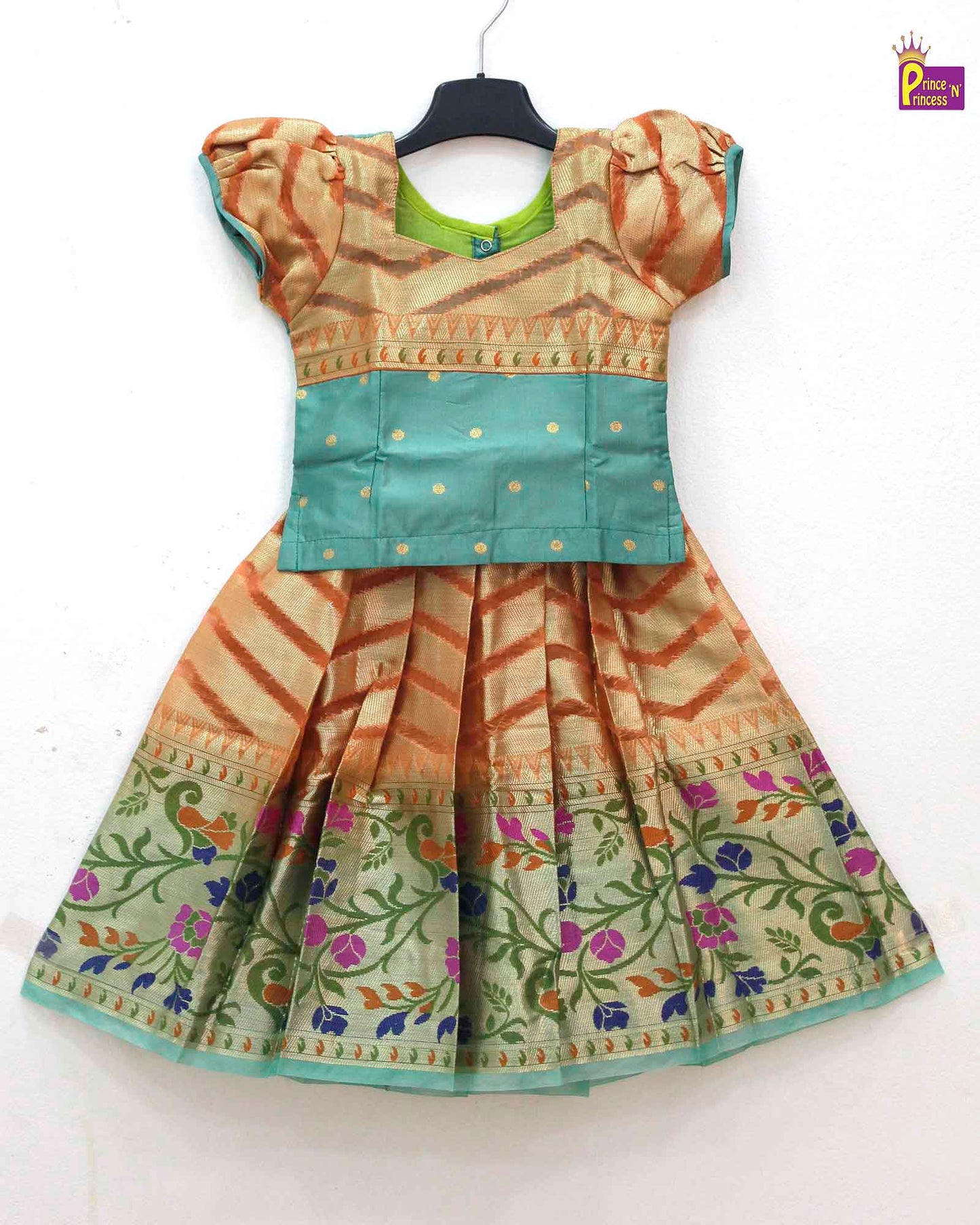 Kids Orange Pista green Traditional Pattu Pavadai PPP1324