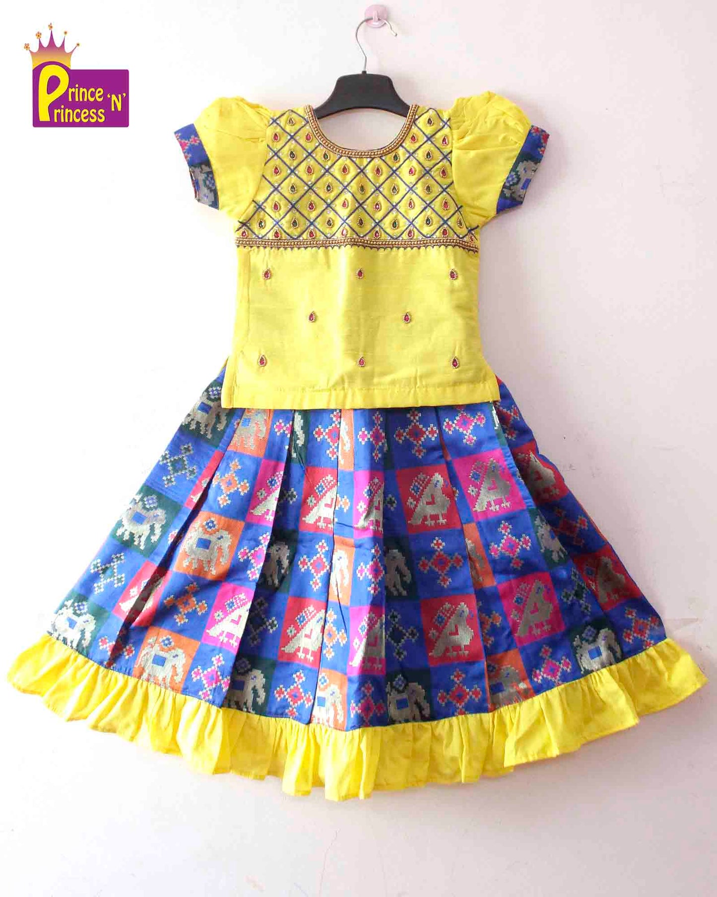 Kids Yellow Blue Top With AARI Work  Traditional Pattu Pavadai PPP1349