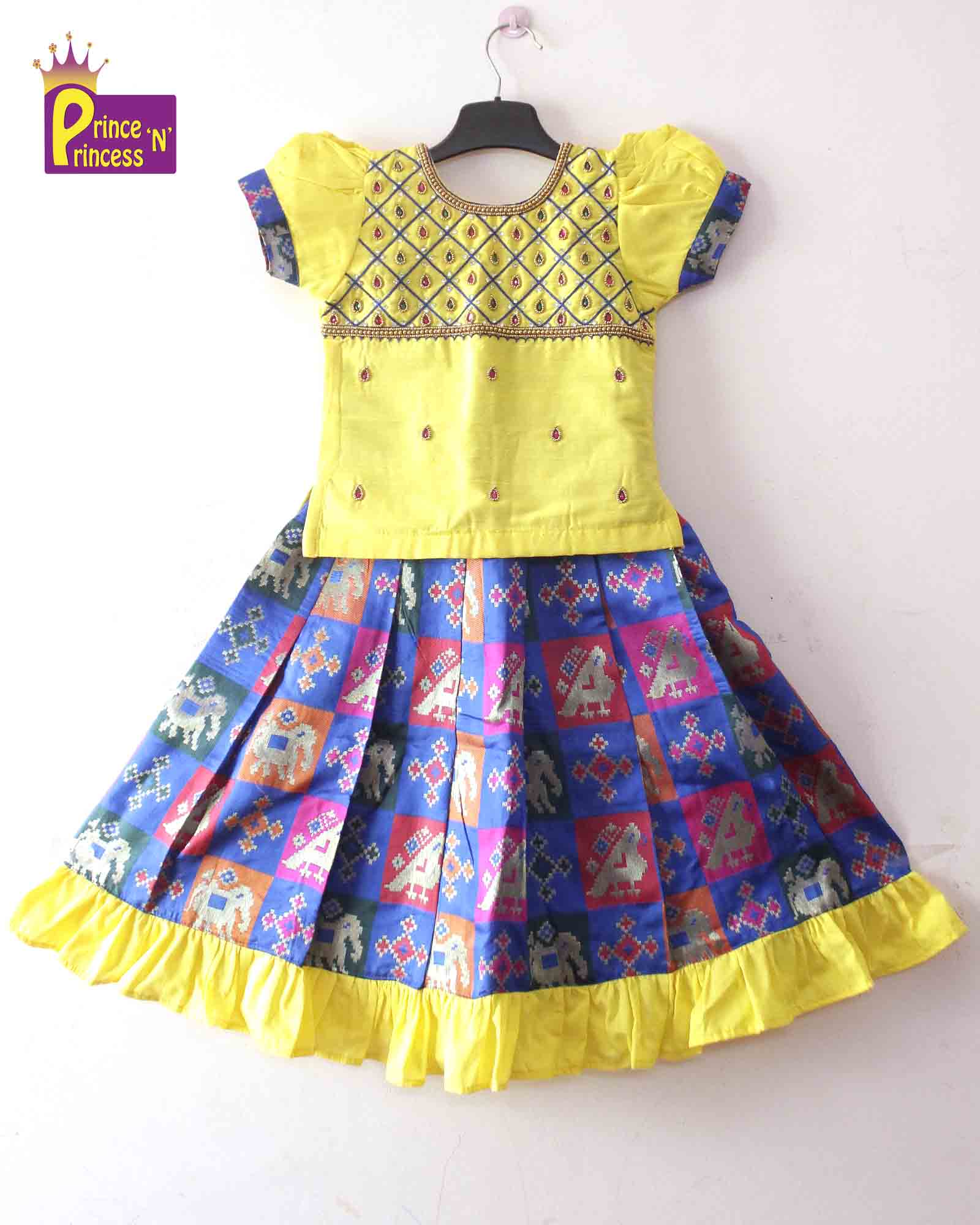 Kids Yellow Blue Top With AARI Work  Traditional Pattu Pavadai PPP1349 Prince N Princess