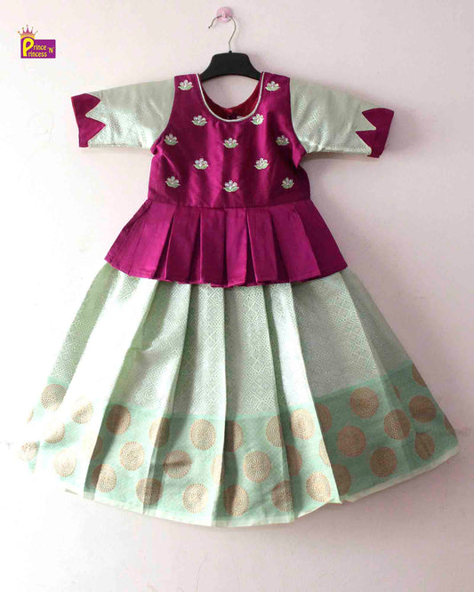 Kids Grand Magenta Peach Embroidery Aari Work Pattu Pavadai PPP1361