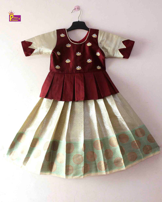 Kids Grand Maroon Halfwhite Embroidery Aari Work Pattu Pavadai PPP1365