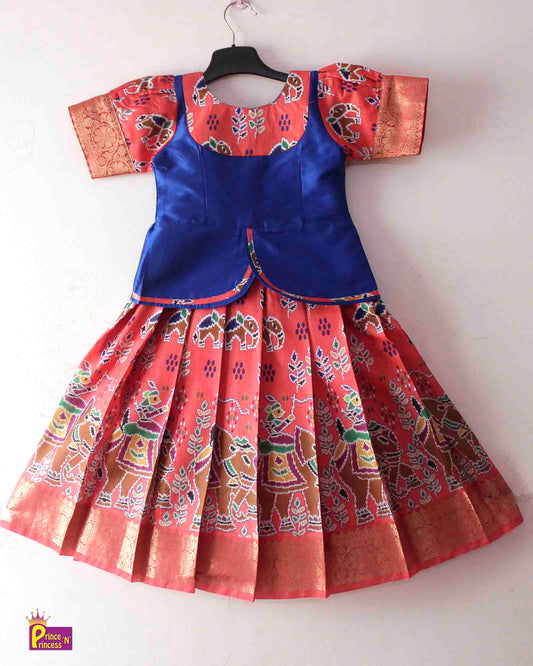 Kids Blue And Lite Orange Designer Pattu Pavadai PPP1370