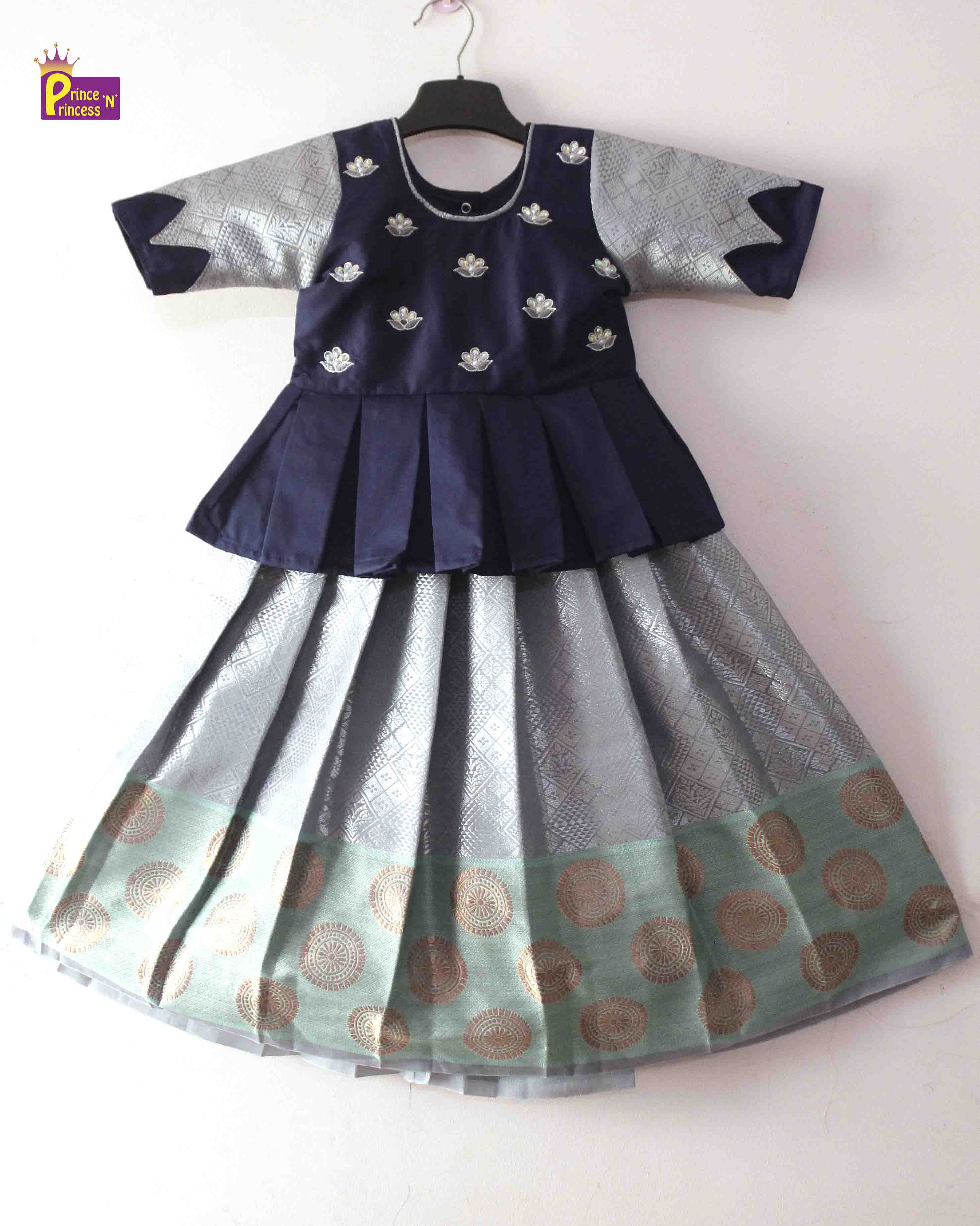 Kids Grand Navy Embroidery Aari Work Pattu Pavadai PPP1373