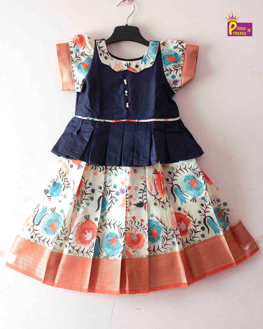 Kids Blue and Orange Traditional Pattu Pavadai PPP1374