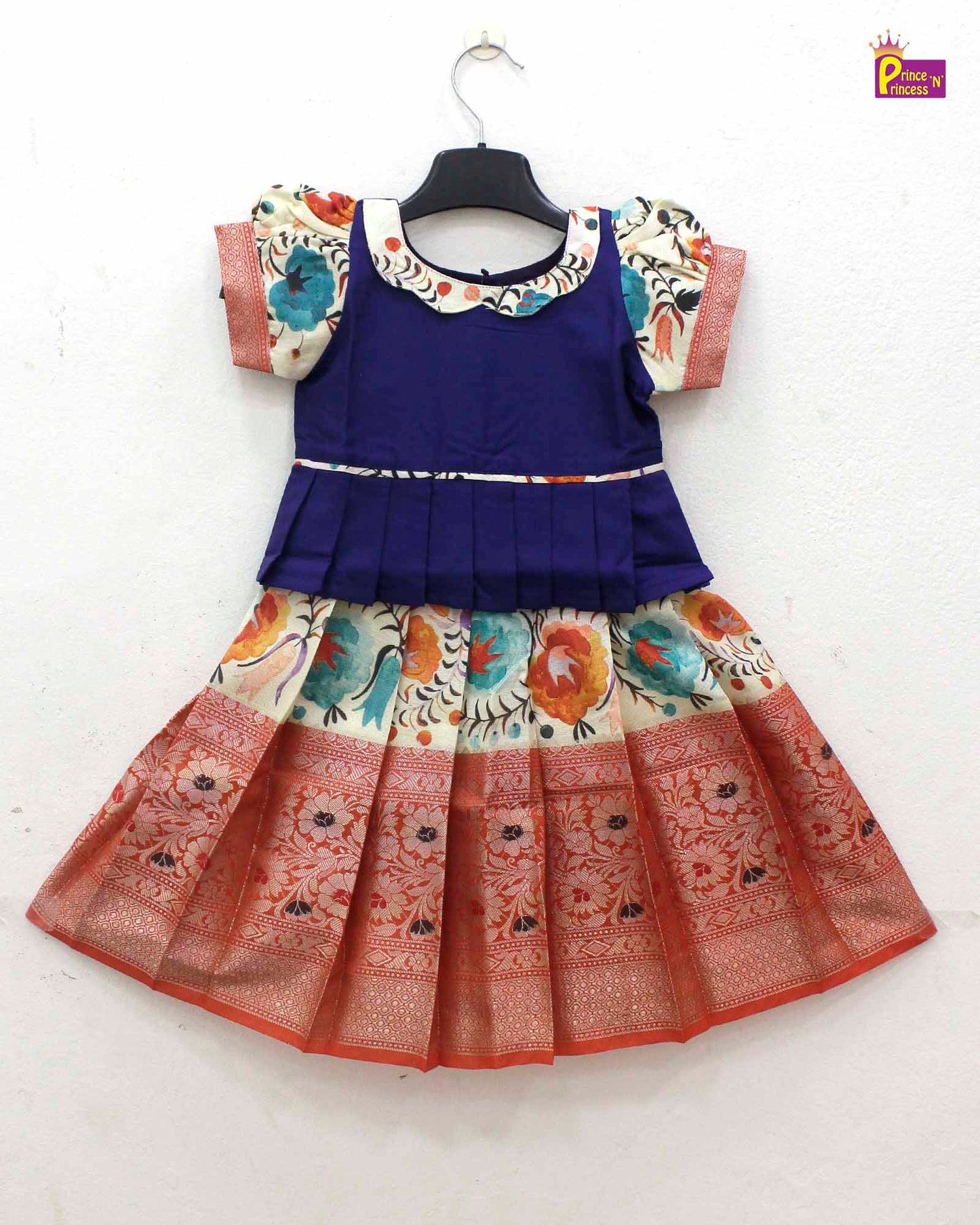 Kids Blue and Orange Traditional Pattu Pavadai PPP1374