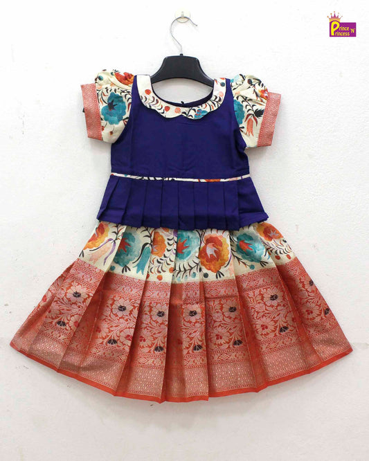 Kids Blue and Orange Traditional Pattu Pavadai PPP1374