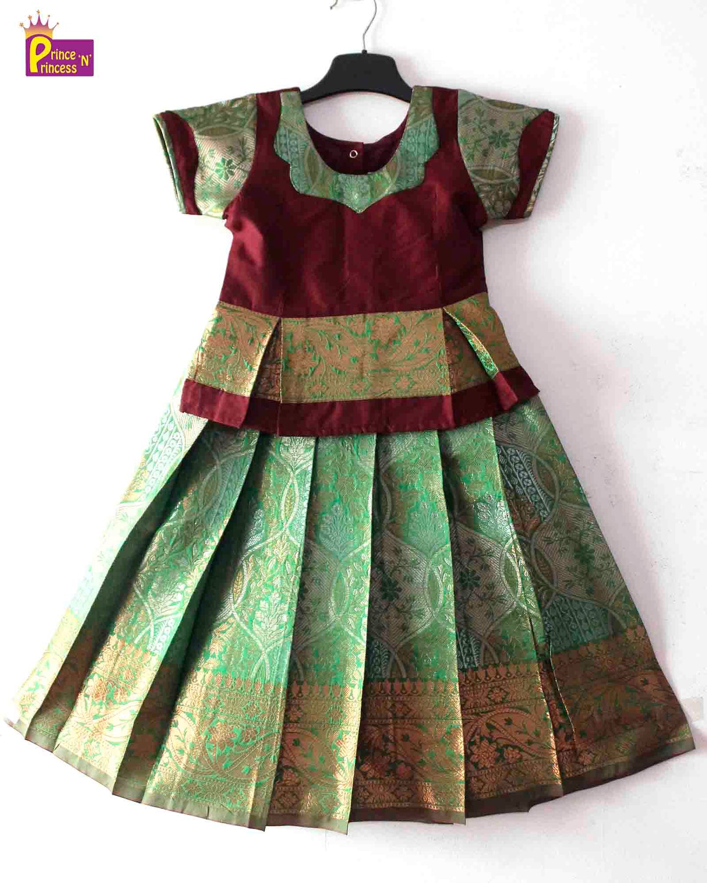 Kids Maroon and Green Designer Pattu Pavadai PPP1398 Prince N Princess