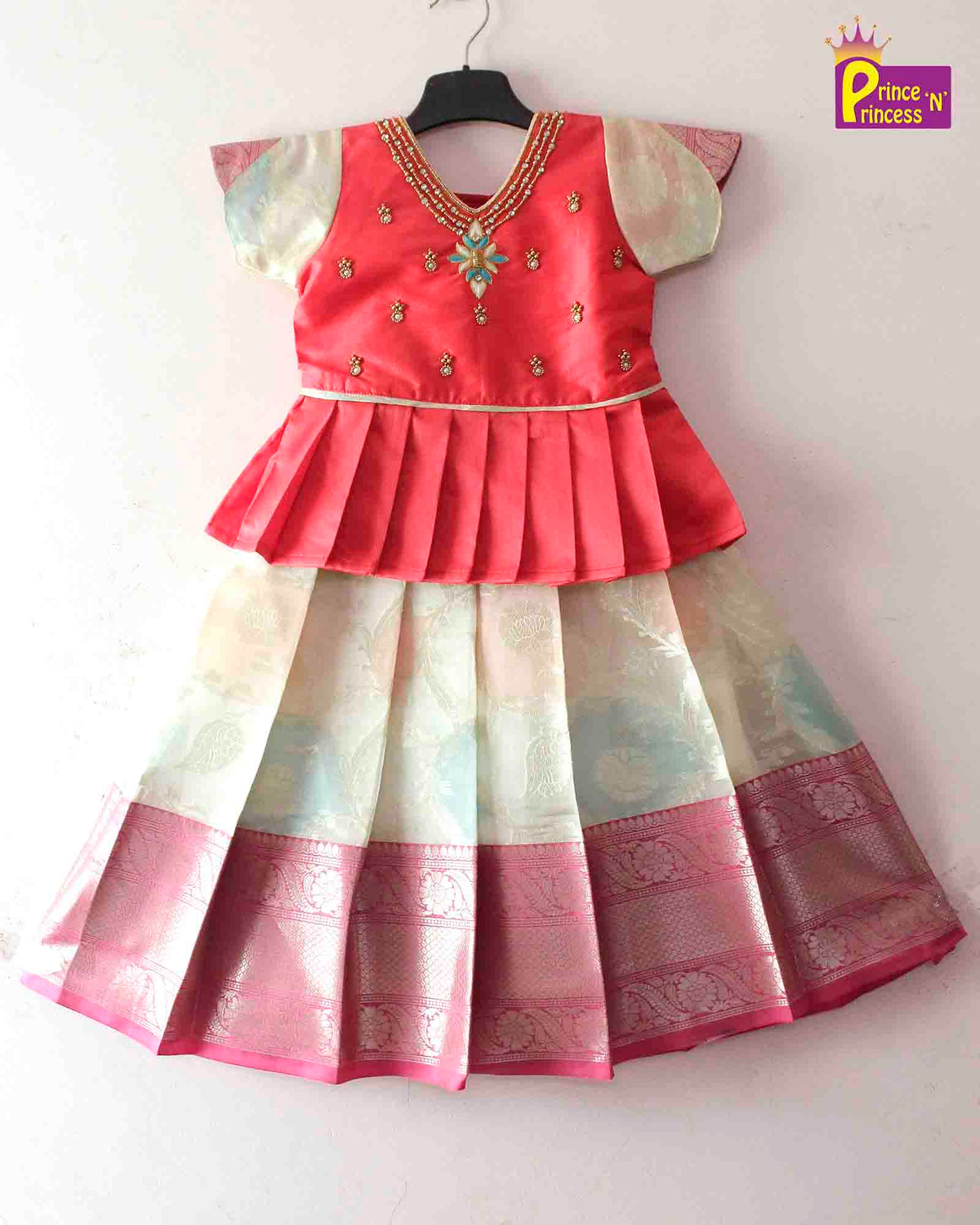 Prince N Princes Peach and Half white AARI Work pattu Pavadai PPP1405 Prince N Princess