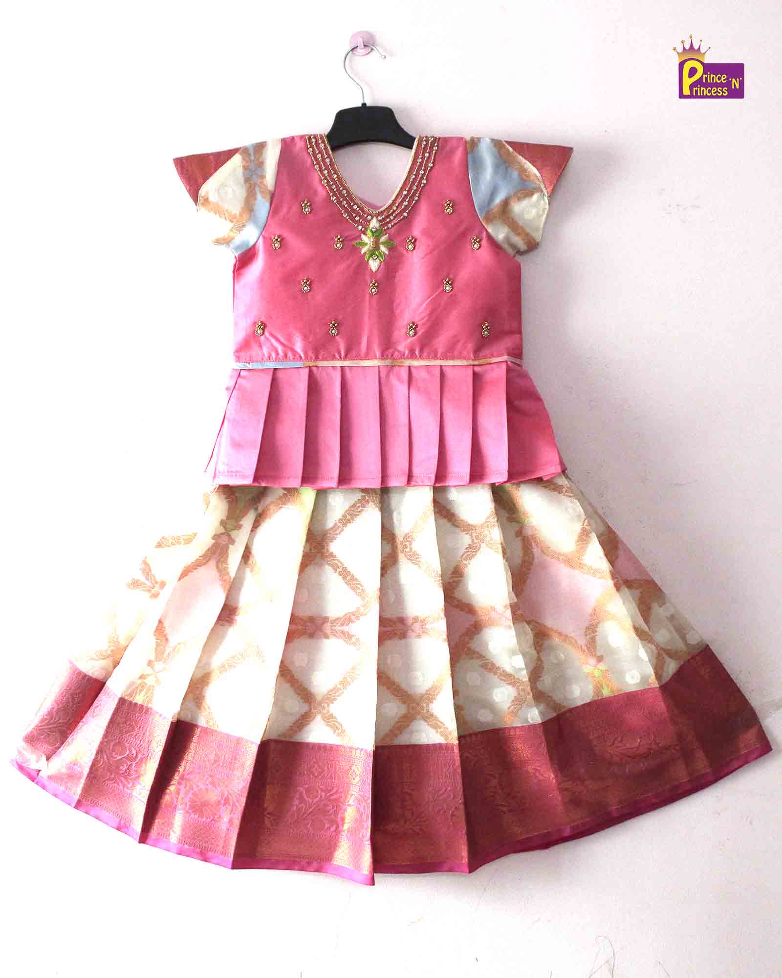 Kids Peach With Off White Trendy Pattu pavadai PPP1410