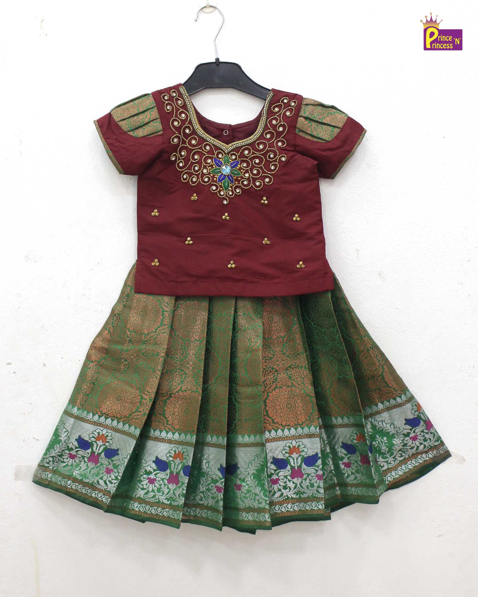 Kids Grand Maroon With Green Aari Work Pattu Pavadai PPP1453