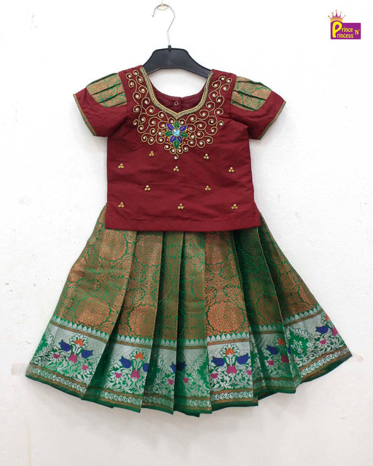 Kids Grand Maroon With Green Aari Work Pattu Pavadai PPP1453