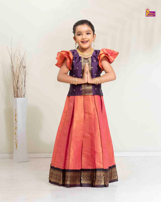 Kids Blue Orange Traditional Pattupavadai PPP1484