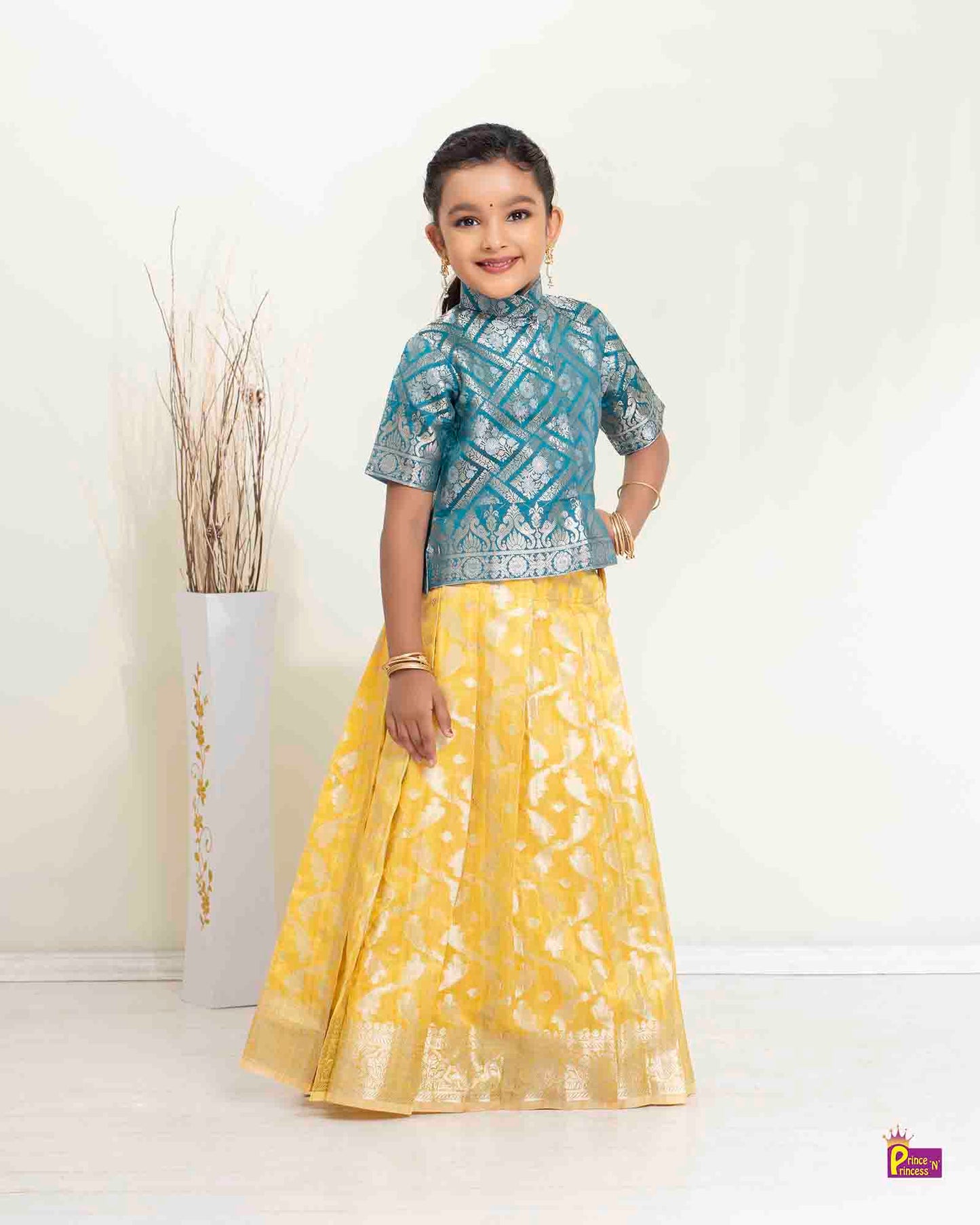 Kids Blue Orange Traditional Pattupavadai PPP1507