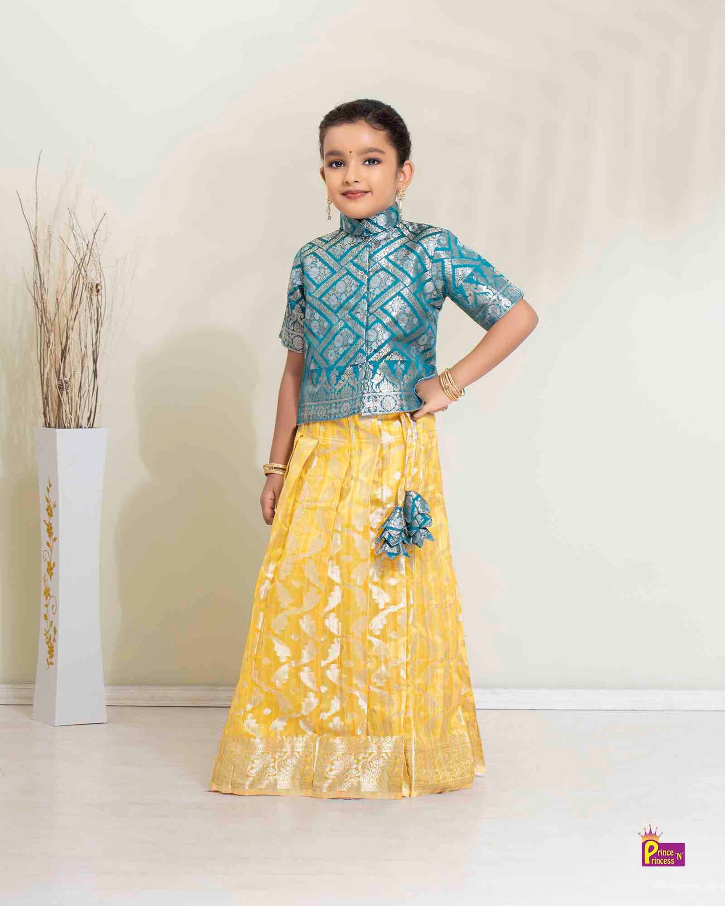 Kids Blue Orange Traditional Pattupavadai PPP1507