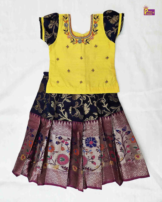 Kids Traditional Lemon yellow Navy Aari work Pattu pavadai PPP1512