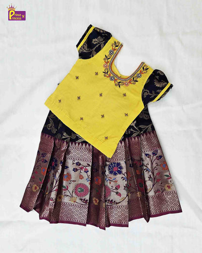 Kids Traditional Lemon yellow Navy Aari work Pattu pavadai PPP1512