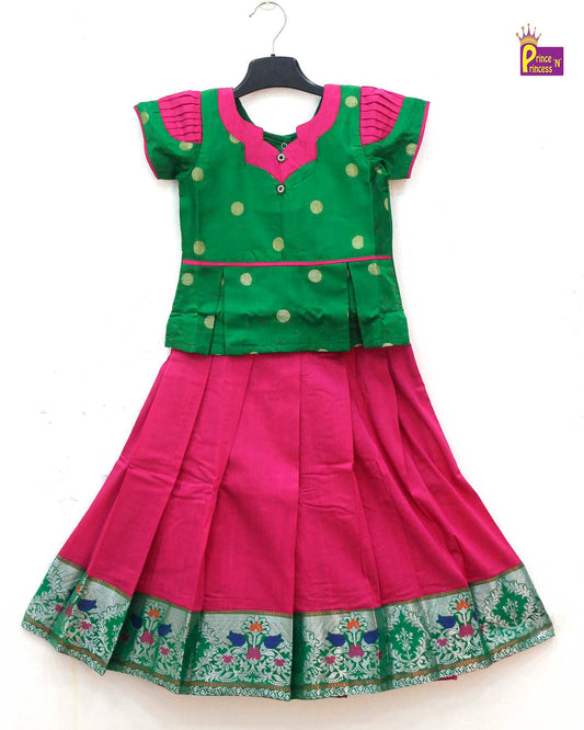 Kids Green Pink Traditional Pattu Pavadai PPP1514