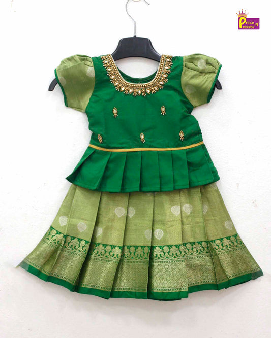 Kids Green Traditional AARI Work pattu Pavadai PPP1515