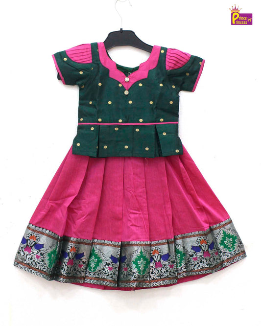 Kids Pink with Green Traditional Pattu pavadai PPP1525