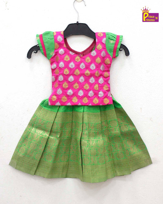 Kids Green With Pink Traditional Pattupavadai PPP1532