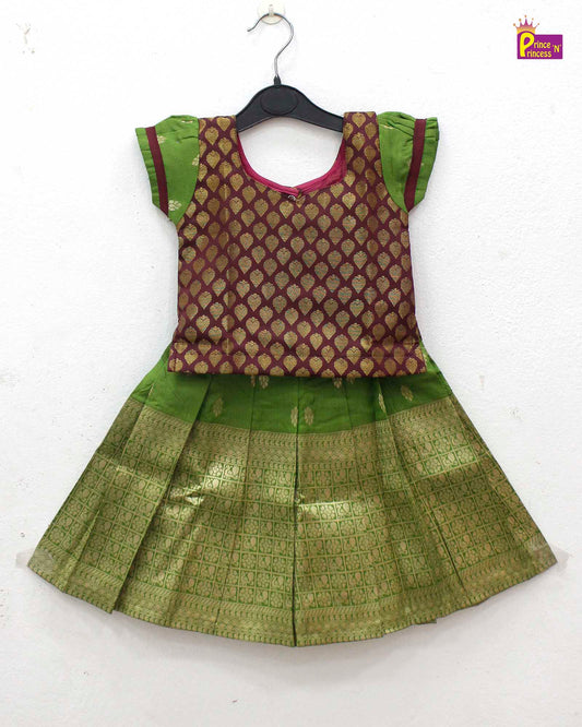 Kids Green With Maroon Traditional Pattupavadai PPP1533