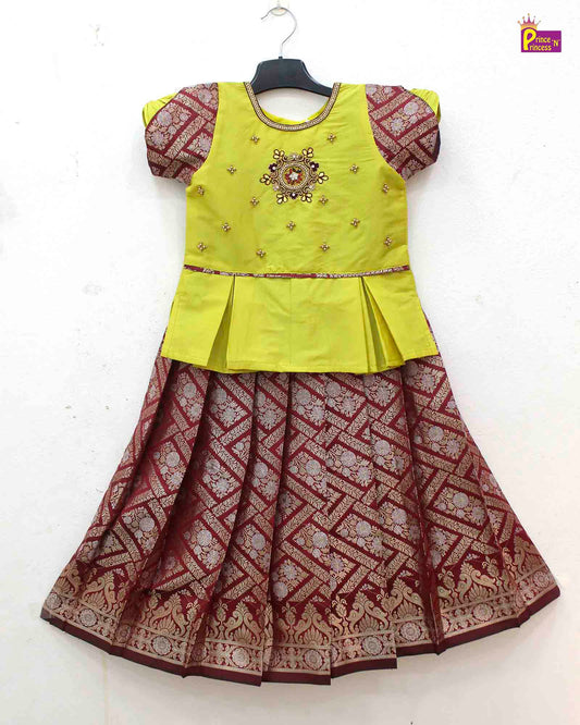 Kids Green and Maroon Traditional AARI Work pattu Pavadai PPP1535