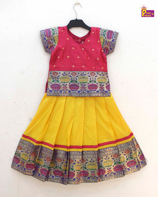 Prince N Princess Kids Pink Yellow Traditional Pattu Pavadai PPP1538