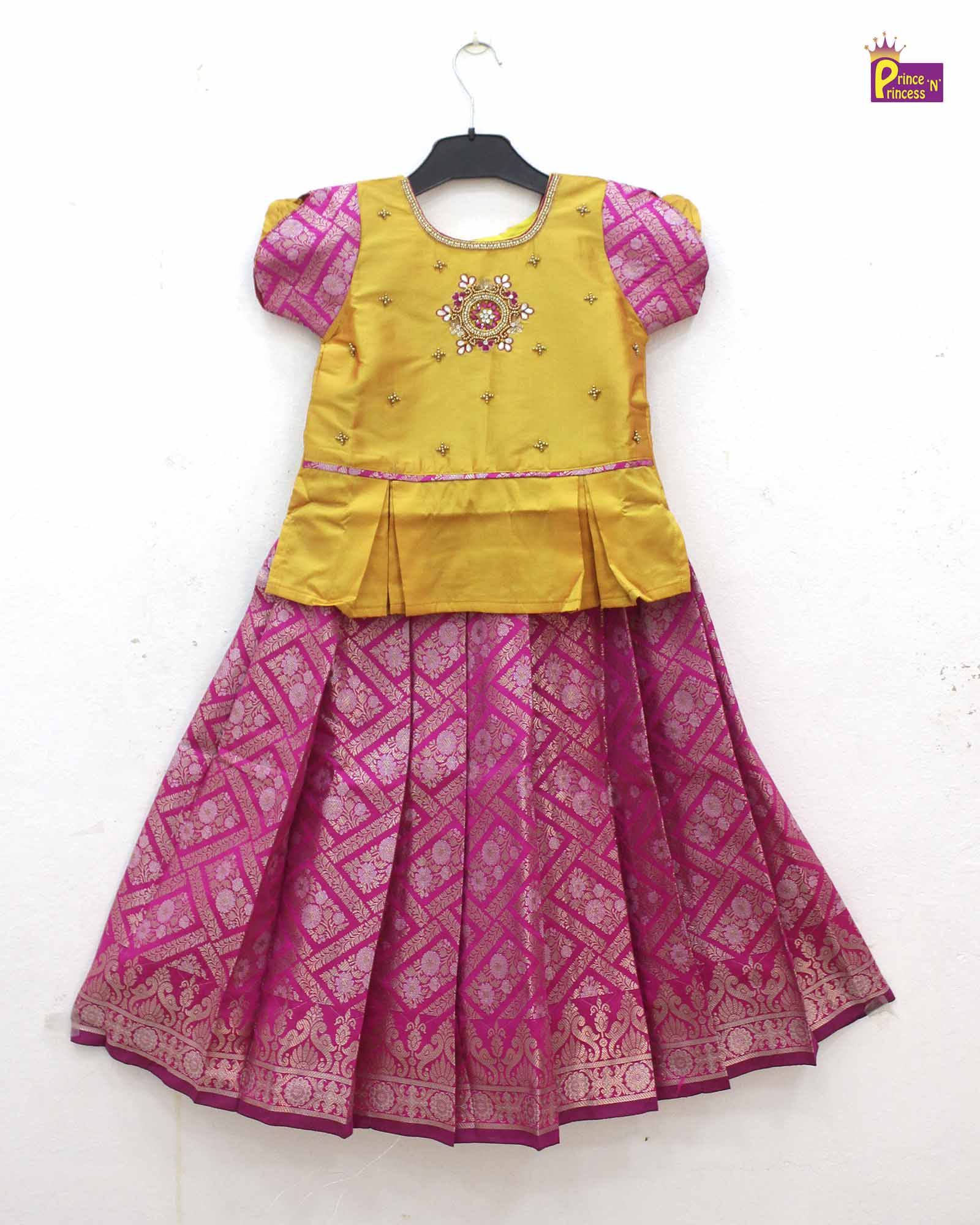 Kids Yellow with Pink Traditional AARI Work pattu Pavadai PPP1539