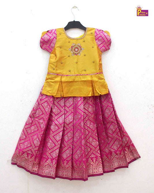 Kids Yellow with Pink Traditional AARI Work pattu Pavadai PPP1539