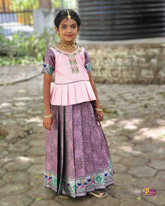 Kids Pink Raw Silk tops AARI Work Pattu Pavadai PPP1543