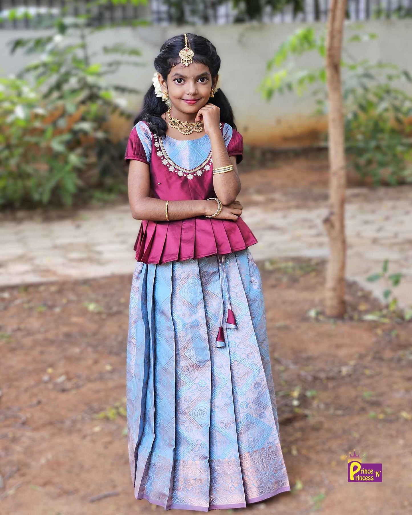 Kids Maroon Sky Blue Traditional AARI Work Pattu Pavadai PPP1542